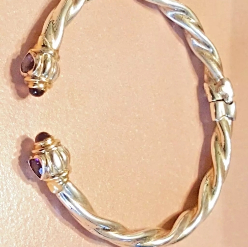 .925 Sterling Silver Amethyst Heart Oval Hinged Bracelet 6.5